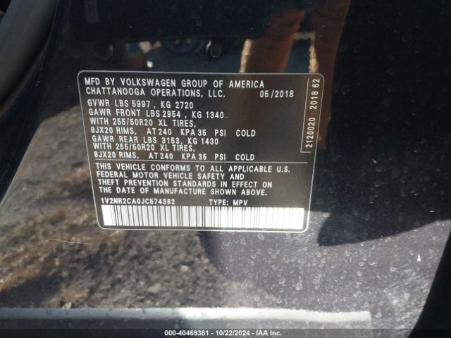 1V2NR2CA0JC574382 Volkswagen Atlas 3.6l V6 Sel Premium
