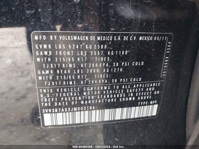 3VV3B7AX3JM003194 Volkswagen Tiguan 2.0t Se/2.0t Sel