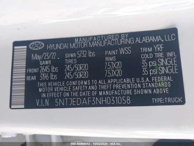5NTJEDAF3NH031058 Hyundai Santa Cruz Limited