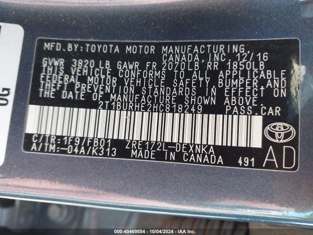 Toyota COROLLA LE 2017 2T1BURHE2HC818249 Image 9