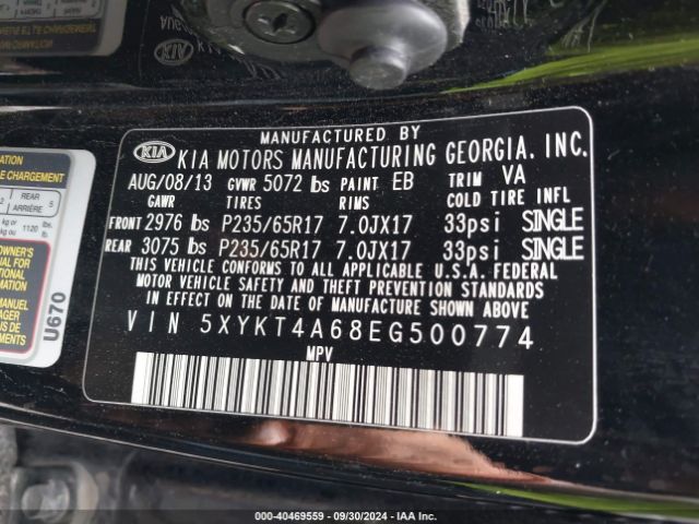 5XYKT4A68EG500774 KIA SORENTO LX