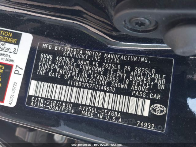 4T1BD1FK7FU149630 Toyota Camry Hybrid Xle