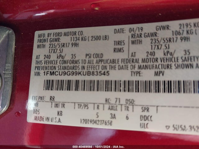 Ford ESCAPE SE 2019 1FMCU9G99KUB83545 Image 9