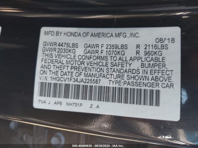1HGCV1F34JA225587 Honda Accord Sport