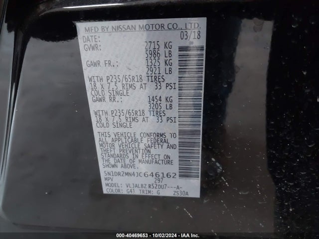 5N1DR2MN4JC646162 Nissan Pathfinder S