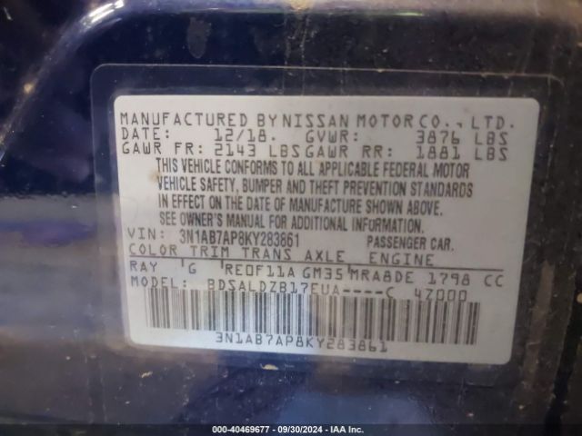 3N1AB7AP8KY283861 Nissan SENTRA SV