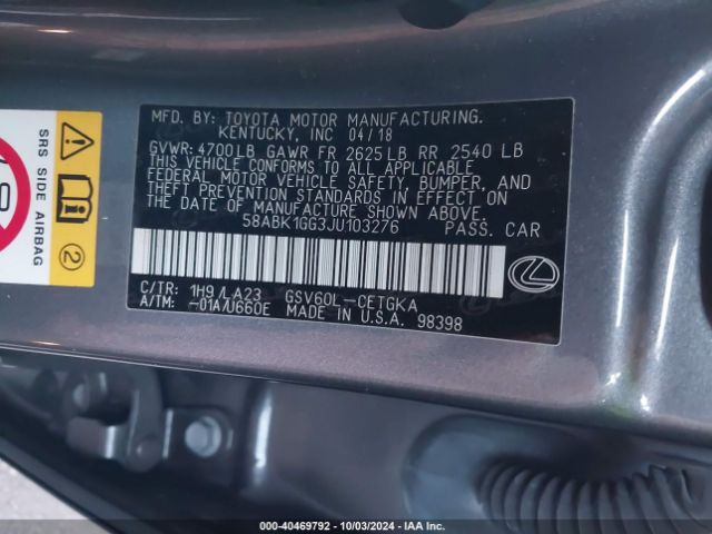 58ABK1GG3JU103276 Lexus ES 350