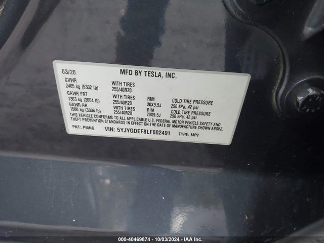 2020 TESLA MODEL Y 5YJYGDEF8LF002491 Photo 8