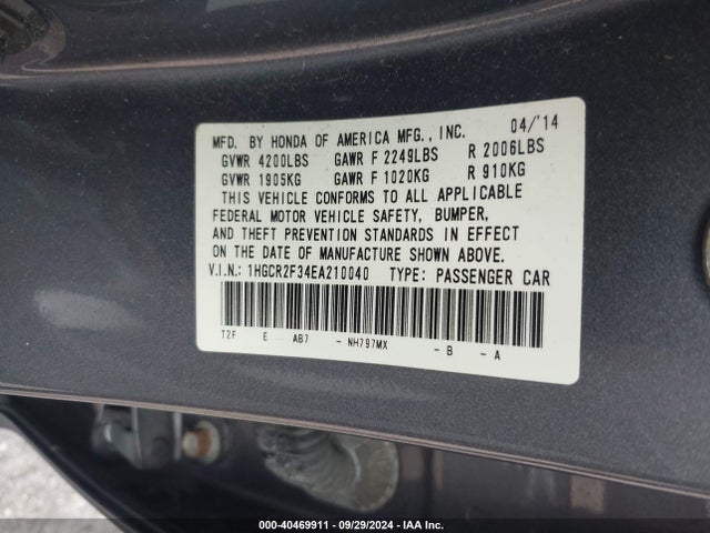 Honda ACCORD LX 2014 1HGCR2F34EA210040 Image 9