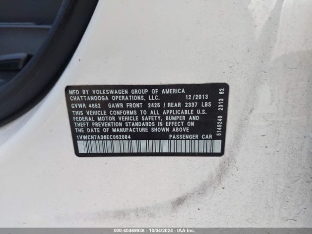 1VWCN7A36EC062084 Volkswagen Passat 2.0l Tdi Sel Premium