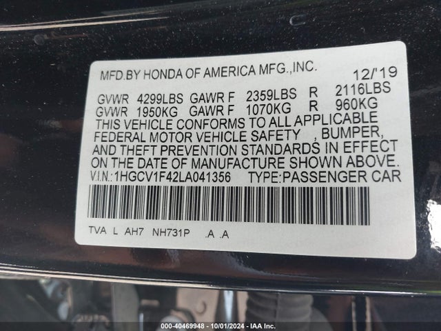 Honda ACCORD EX 2020 1HGCV1F42LA041356 Image 9
