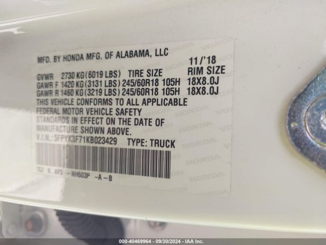 5FPYK3F71KB023429 Honda Ridgeline Rtl-e