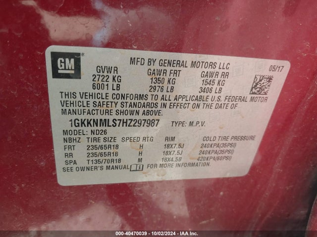 1GKKNMLS7HZ297987 GMC Acadia Slt-1