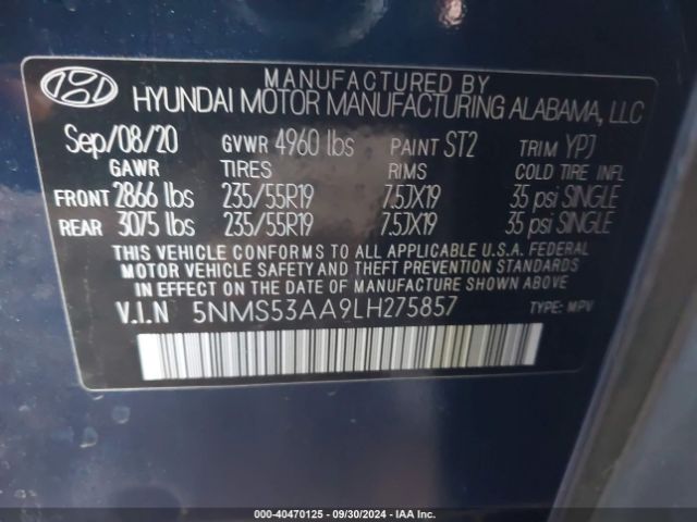 5NMS53AA9LH275857 Hyundai Santa Fe Limited 2.0t