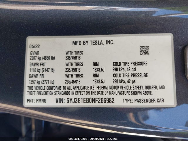 2022 TESLA MODEL 3 5YJ3E1EB0NF266982 Photo 8