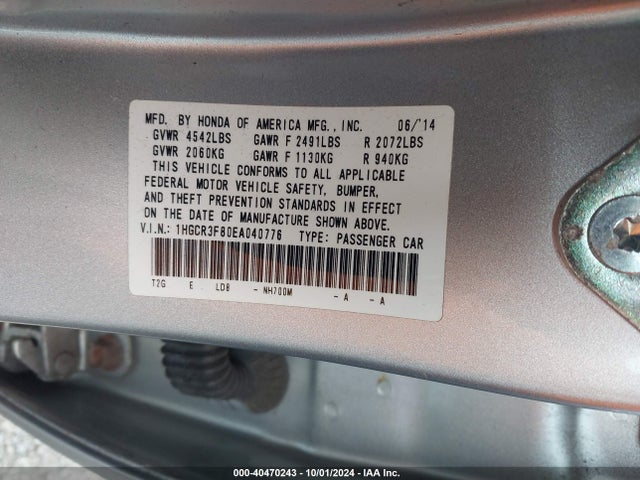 Honda Accord Ex-l V-6 2014 1HGCR3F80EA040776 Image 9