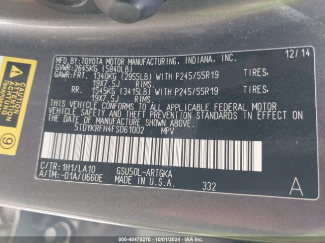 5TDYKRFH4FS061002 Toyota Highlander Limited V6