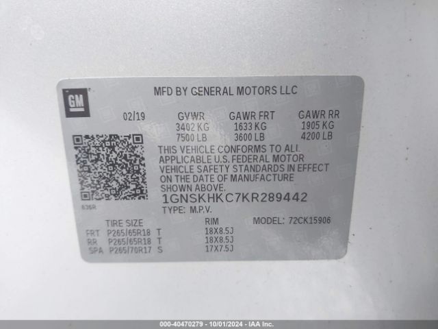 1GNSKHKC7KR289442 Chevrolet Suburban Lt