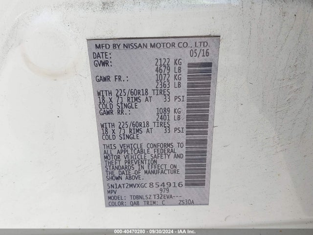 Nissan Rogue Sl 2016 5N1AT2MVXGC854916 Image 9