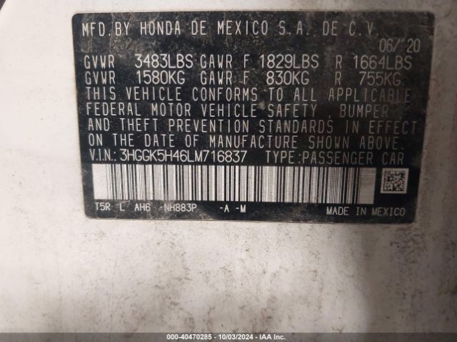 3HGGK5H46LM716837 Honda FIT LX