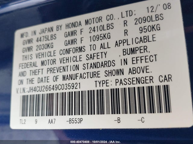 Aukcja sprzedaży 2009 Acura Tsx, vin: JH4CU26649C035921, numer aukcji: 40470408