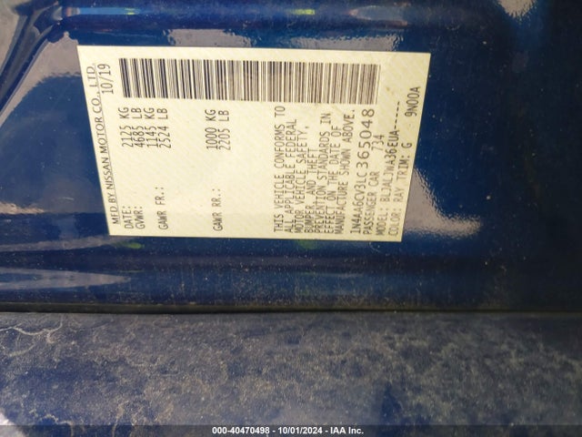 Nissan MAXIMA SV 2020 1N4AA6CV3LC365048 Image 9