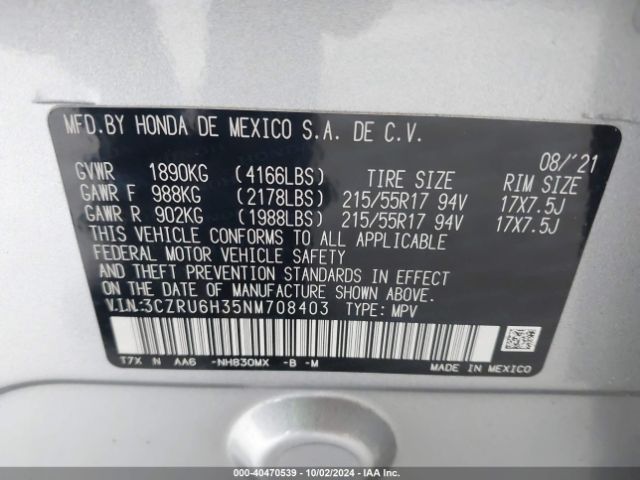 3CZRU6H35NM708403 Honda Hr-v Awd Lx