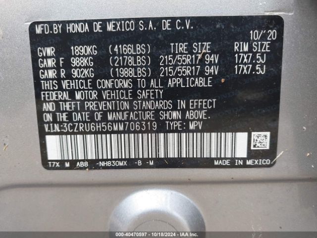 3CZRU6H56MM706319 Honda Hr-v Awd Ex