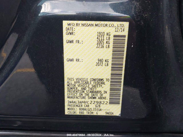Nissan Altima 2.5 S 2015 1N4AL3AP4FC229822 Image 9