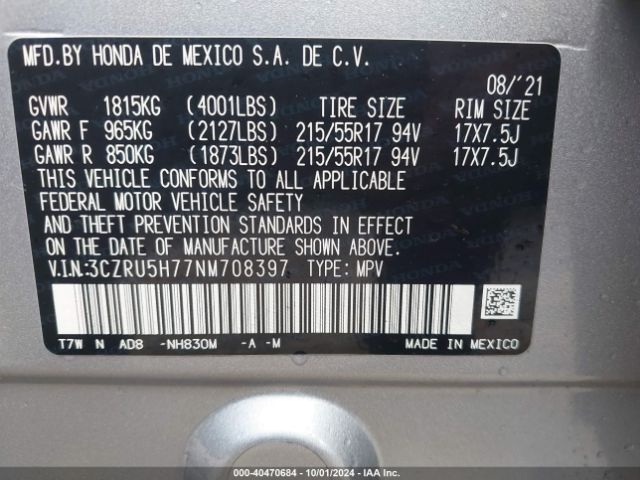 3CZRU5H77NM708397 Honda Hr-v 2wd Ex-l