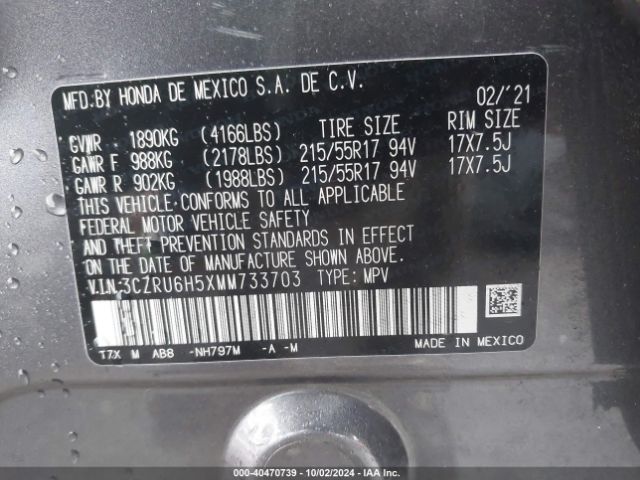 3CZRU6H5XMM733703 Honda Hr-v Awd Ex