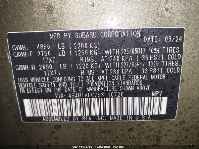 4S4BTAFC7S3110726 Subaru Outback Premium
