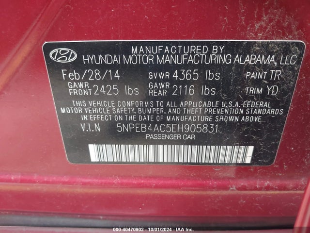 Hyundai SONATA GLS 2014 5NPEB4AC5EH905831 Image 9