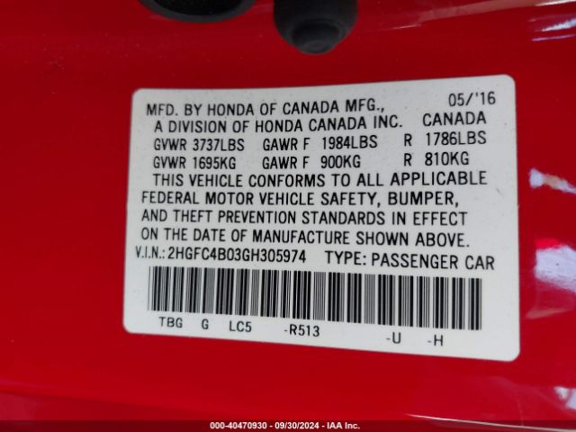 2HGFC4B03GH305974 Honda Civic Lx-p