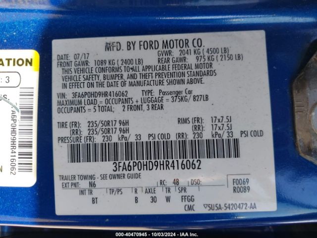 3FA6P0HD9HR416062 Ford FUSION SE