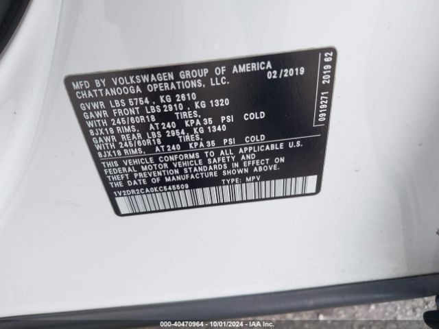 1V2DR2CA0KC545509 Volkswagen Atlas 3.6l V6 Se