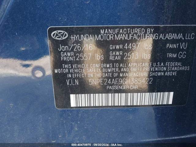 Hyundai SONATA SE 2016 5NPE24AF9GH385422 Image 9