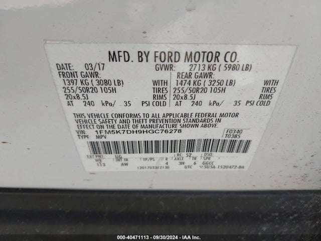 Ford EXPLORER XLT 2017 1FM5K7DH9HGC76278 Image 9