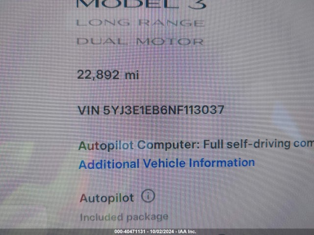 2022 TESLA MODEL 3 5YJ3E1EB6NF113037 Photo 8