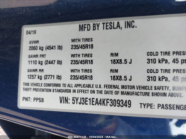 2019 TESLA MODEL 3 5YJ3E1EA4KF309349 Photo 8