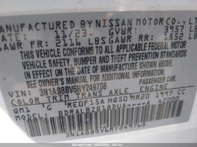 3N1AB8BV6RY249768 Nissan Sentra S Xtronic Cvt