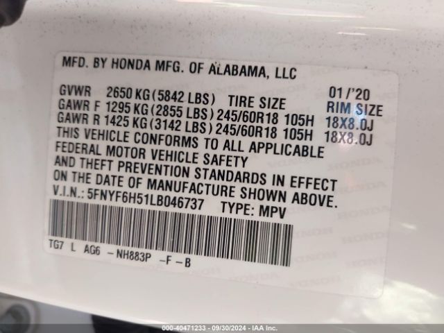 5FNYF6H51LB046737 Honda Pilot Awd Ex-l