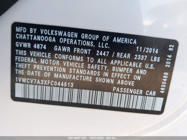 1VWCV7A3XFC044513 Volkswagen Passat 2.0l Tdi Sel Premium