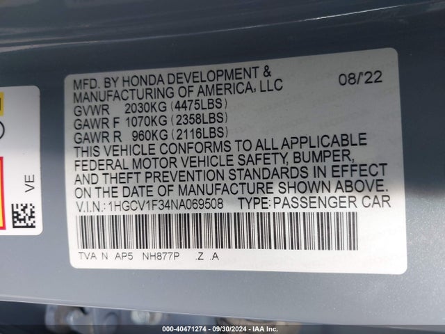 1HGCV1F34NA069508 Honda Accord Sport