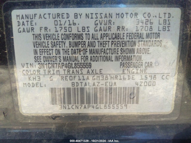 Nissan Versa 1.6 S+ 2016 3N1CN7AP4GL855559 Image 9