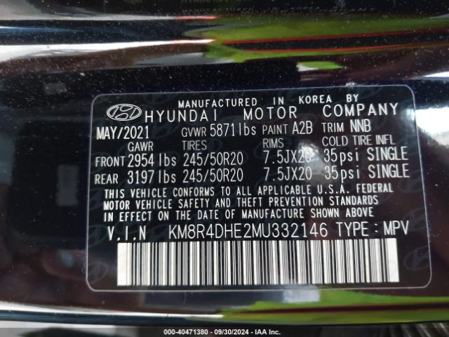 KM8R4DHE2MU332146 Hyundai Palisade Sel