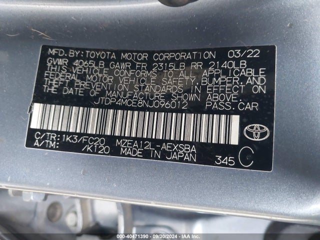 Toyota COROLLA SE 2022 JTDP4MCE8NJ096012 Image 9