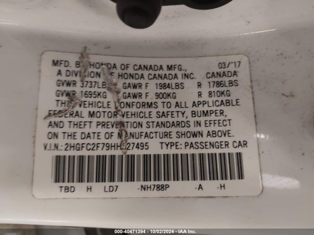 Honda CIVIC EX 2017 2HGFC2F79HH527495 Image 9