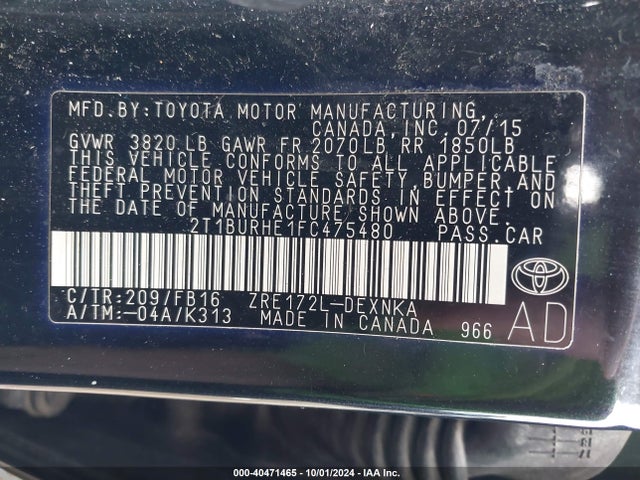 Toyota COROLLA LE 2015 2T1BURHE1FC475480 Image 9