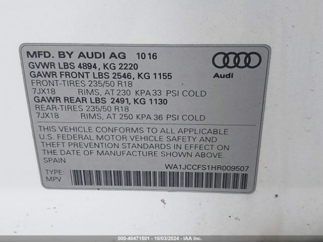 WA1JCCFS1HR009507 Audi Q3 2.0t Premium